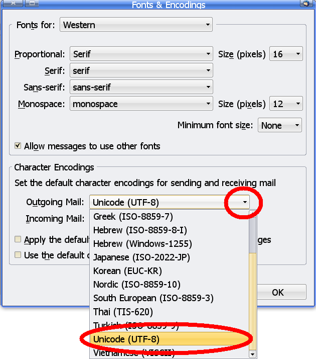Character Encodings, Outgoing Mail, Unicode (UTF-8)